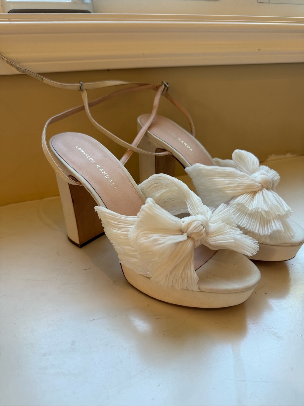 Loeffler Randall Cream Bow Platform Sandals